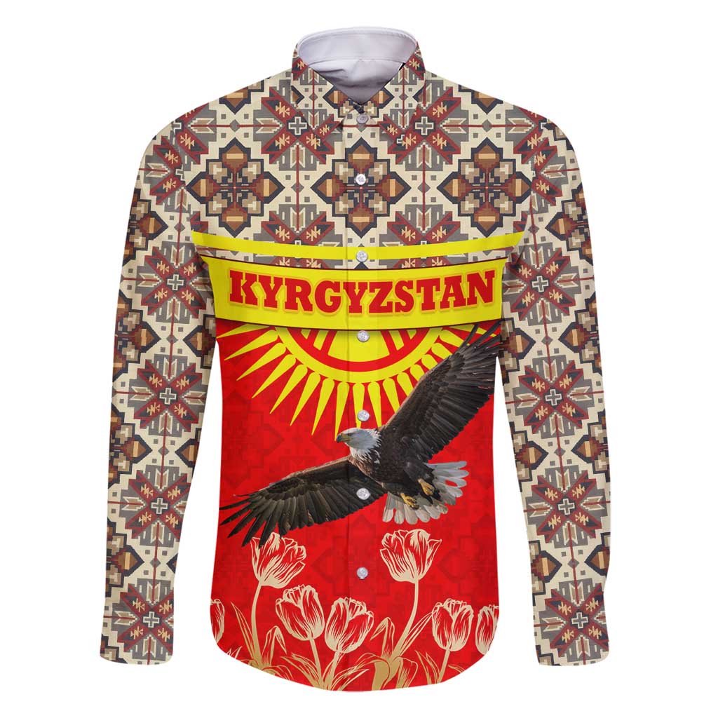 Kyrgyzstan Eagle and Tulip Family Matching Summer Maxi Dress and Hawaiian Shirt with Red Ethnic Pattern with National Sun Emblem - Wonder Print Shop