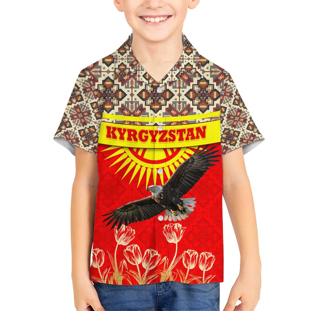 Kyrgyzstan Eagle and Tulip Family Matching Summer Maxi Dress and Hawaiian Shirt with Red Ethnic Pattern with National Sun Emblem - Wonder Print Shop