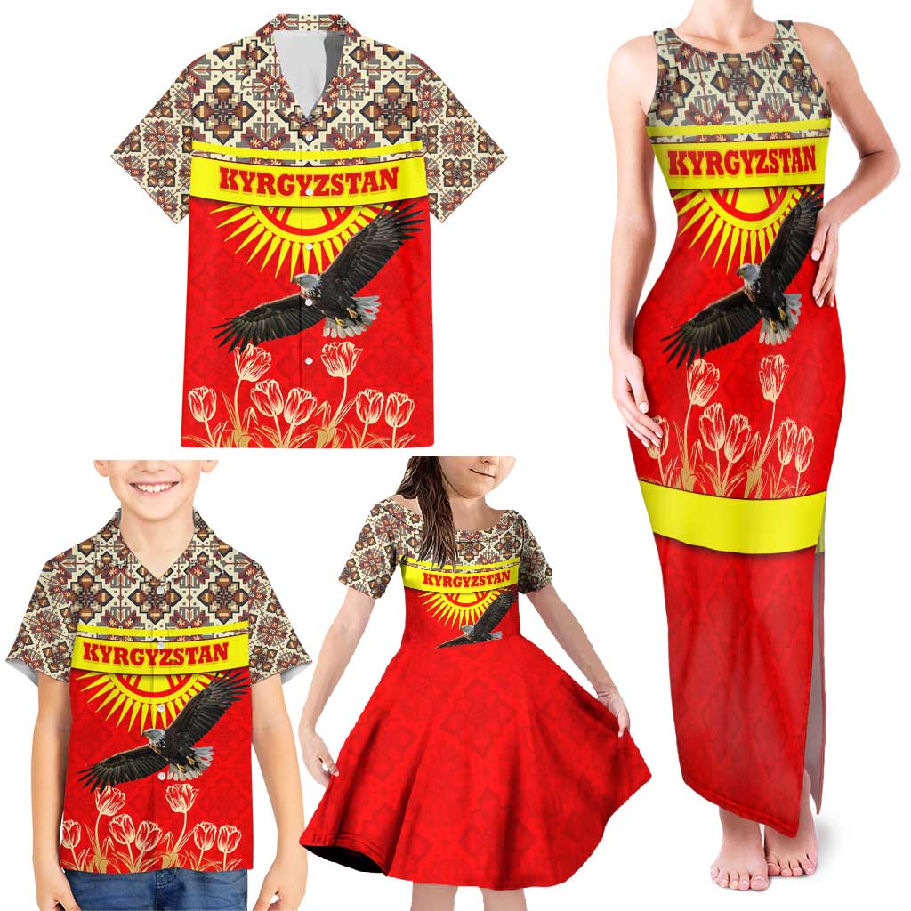Kyrgyzstan Eagle and Tulip Family Matching Tank Maxi Dress and Hawaiian Shirt with Red Ethnic Pattern with National Sun Emblem - Wonder Print Shop