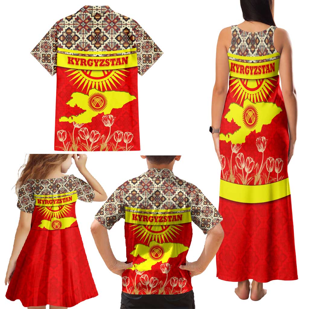 Kyrgyzstan Eagle and Tulip Family Matching Tank Maxi Dress and Hawaiian Shirt with Red Ethnic Pattern with National Sun Emblem - Wonder Print Shop