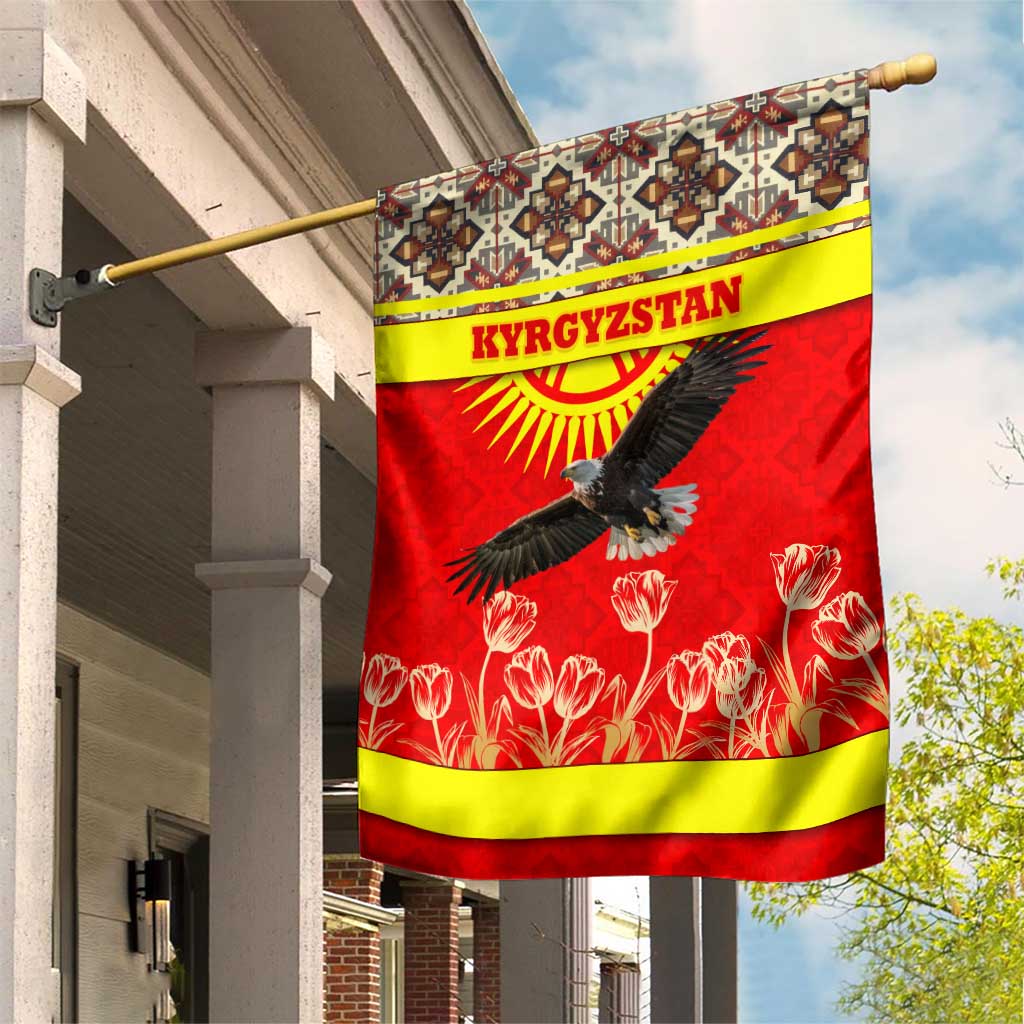 Kyrgyzstan Eagle and Tulip Garden Flag with Red Ethnic Pattern with National Sun Emblem - Wonder Print Shop