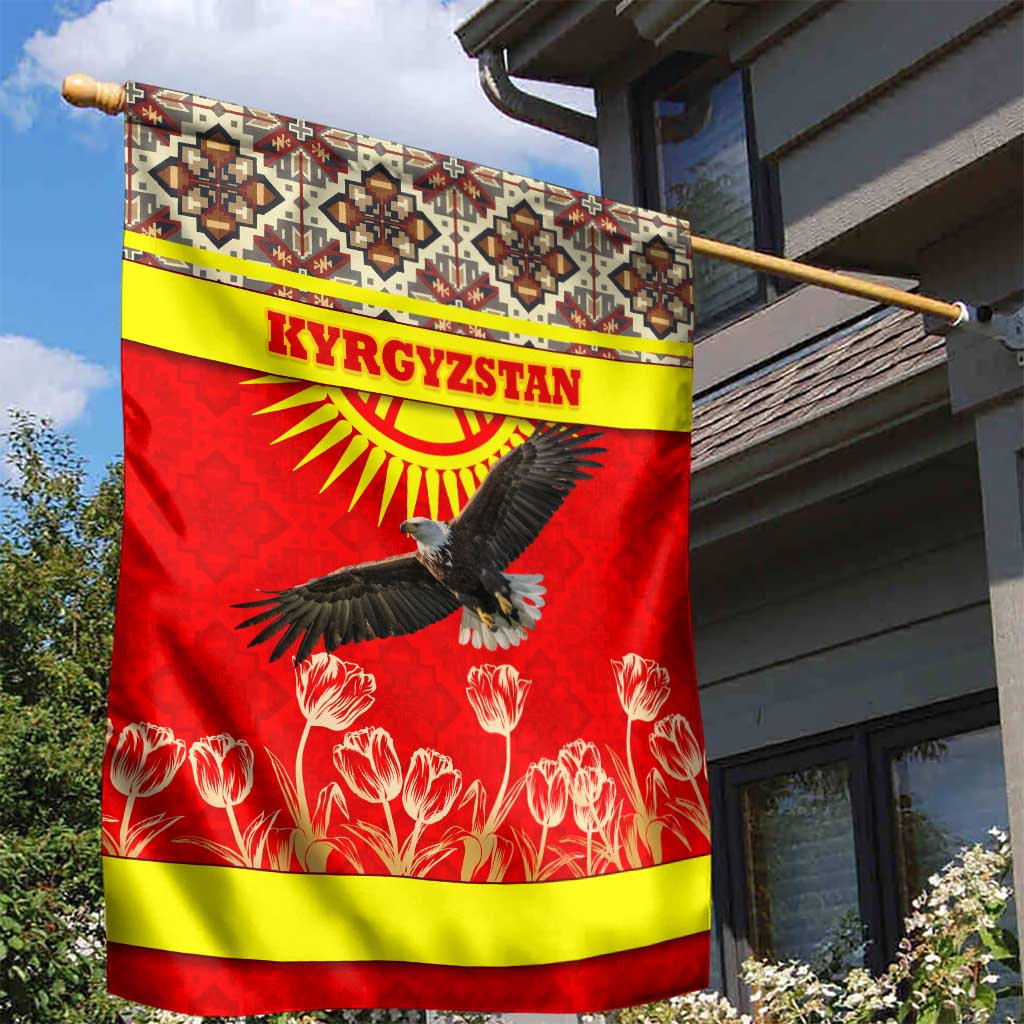 Kyrgyzstan Eagle and Tulip Garden Flag with Red Ethnic Pattern with National Sun Emblem - Wonder Print Shop