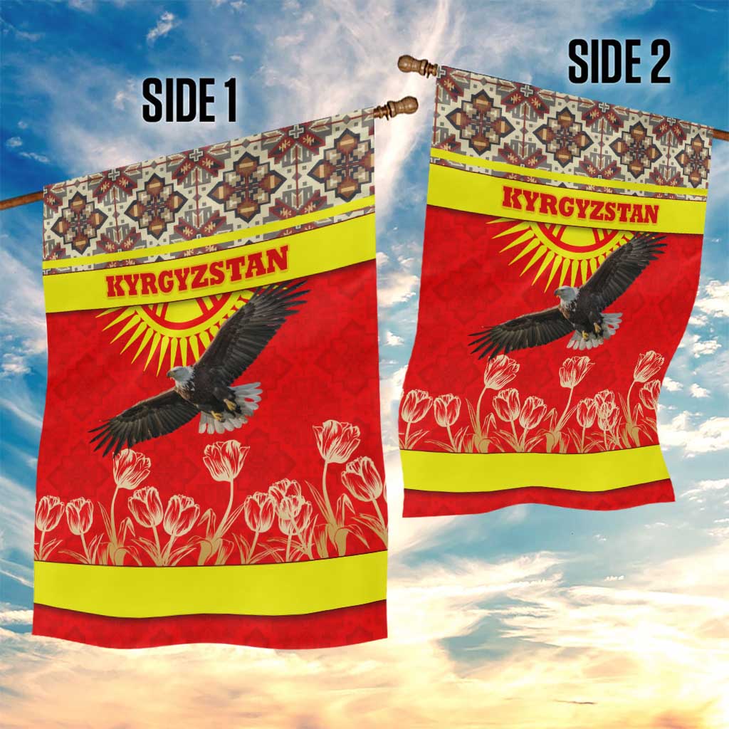 Kyrgyzstan Eagle and Tulip Garden Flag with Red Ethnic Pattern with National Sun Emblem - Wonder Print Shop