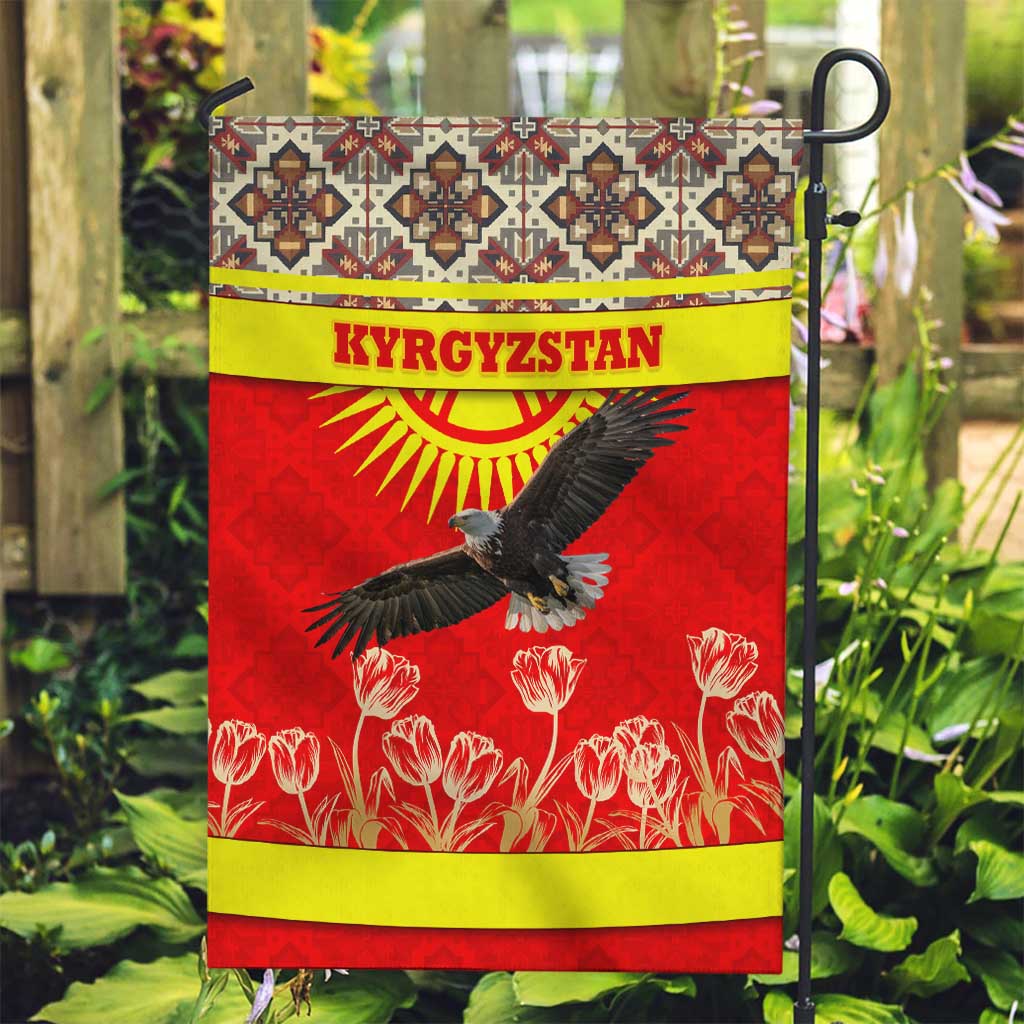 Kyrgyzstan Eagle and Tulip Garden Flag with Red Ethnic Pattern with National Sun Emblem - Wonder Print Shop