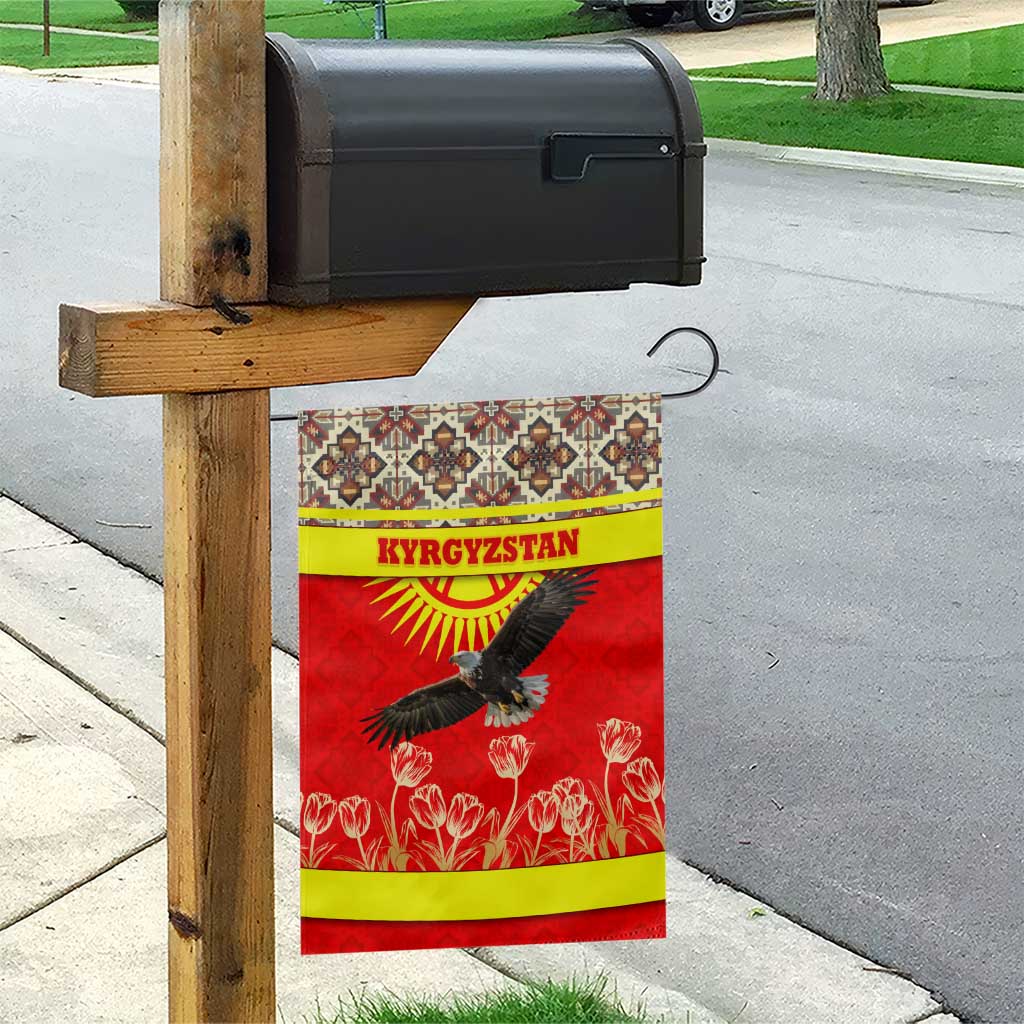 Kyrgyzstan Eagle and Tulip Garden Flag with Red Ethnic Pattern with National Sun Emblem - Wonder Print Shop