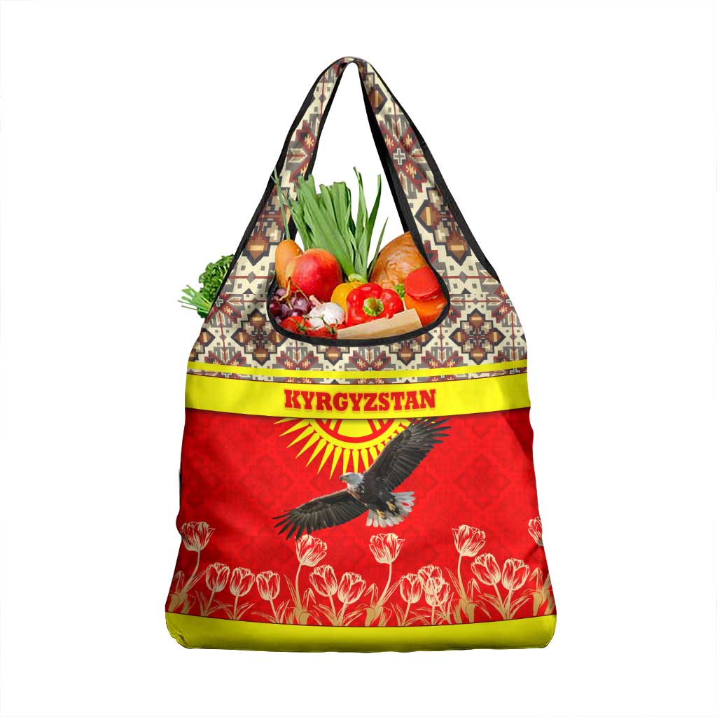 Kyrgyzstan Eagle and Tulip Grocery Bag with Red Ethnic Pattern with National Sun Emblem - Wonder Print Shop