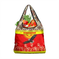 Kyrgyzstan Eagle and Tulip Grocery Bag with Red Ethnic Pattern with National Sun Emblem - Wonder Print Shop