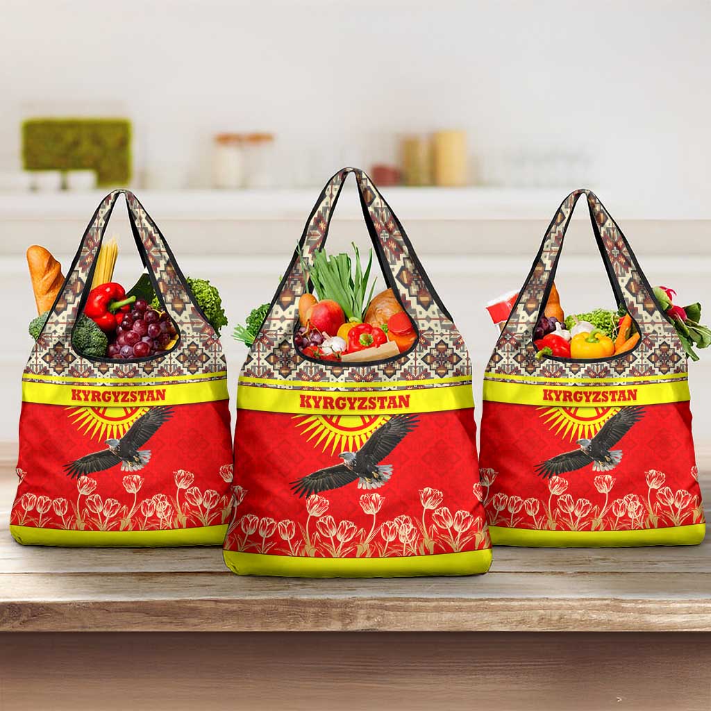Kyrgyzstan Eagle and Tulip Grocery Bag with Red Ethnic Pattern with National Sun Emblem - Wonder Print Shop