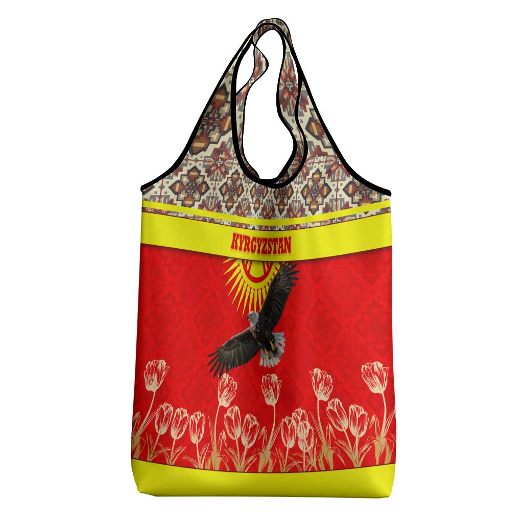 Kyrgyzstan Eagle and Tulip Grocery Bag with Red Ethnic Pattern with National Sun Emblem - Wonder Print Shop