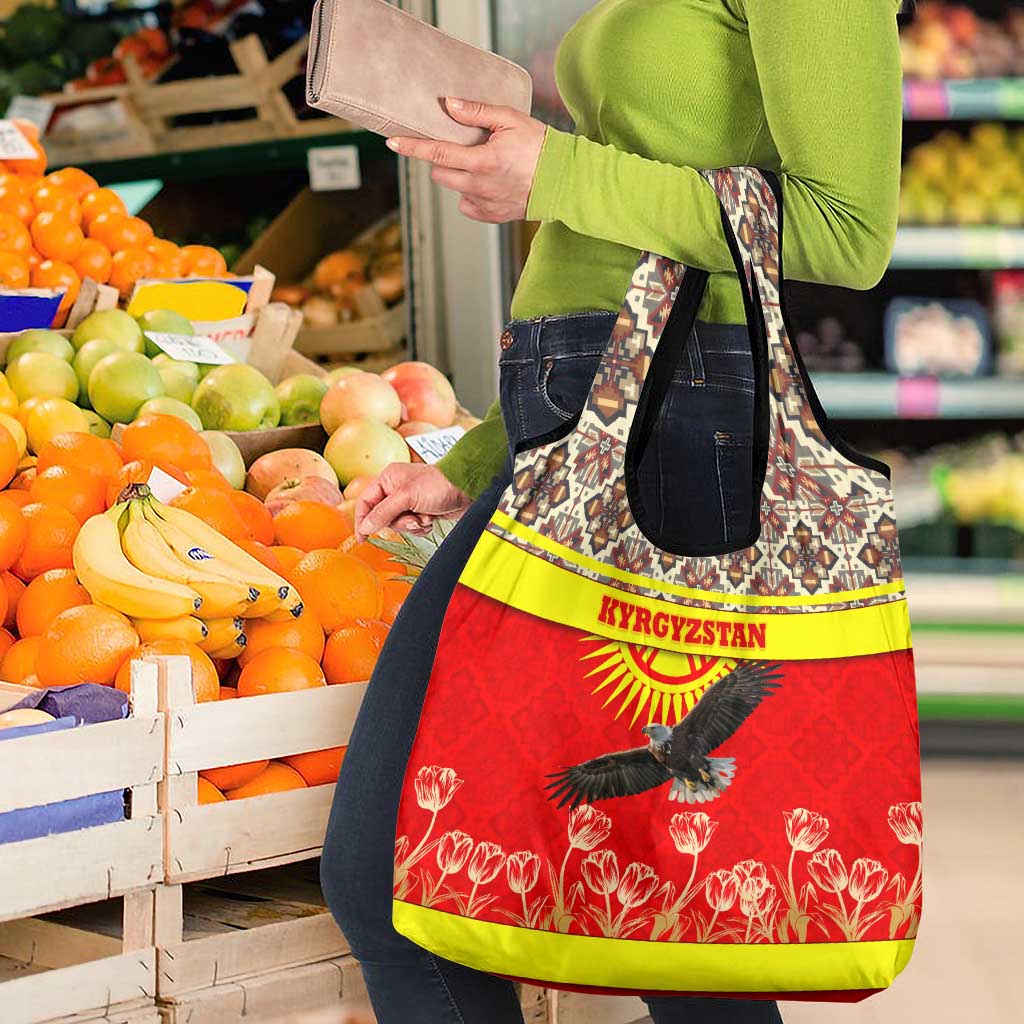 Kyrgyzstan Eagle and Tulip Grocery Bag with Red Ethnic Pattern with National Sun Emblem - Wonder Print Shop