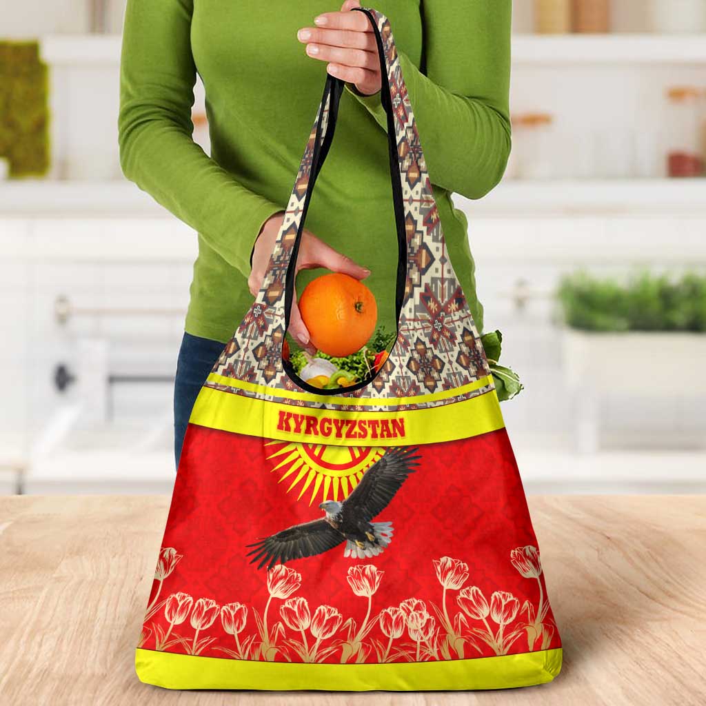 Kyrgyzstan Eagle and Tulip Grocery Bag with Red Ethnic Pattern with National Sun Emblem - Wonder Print Shop