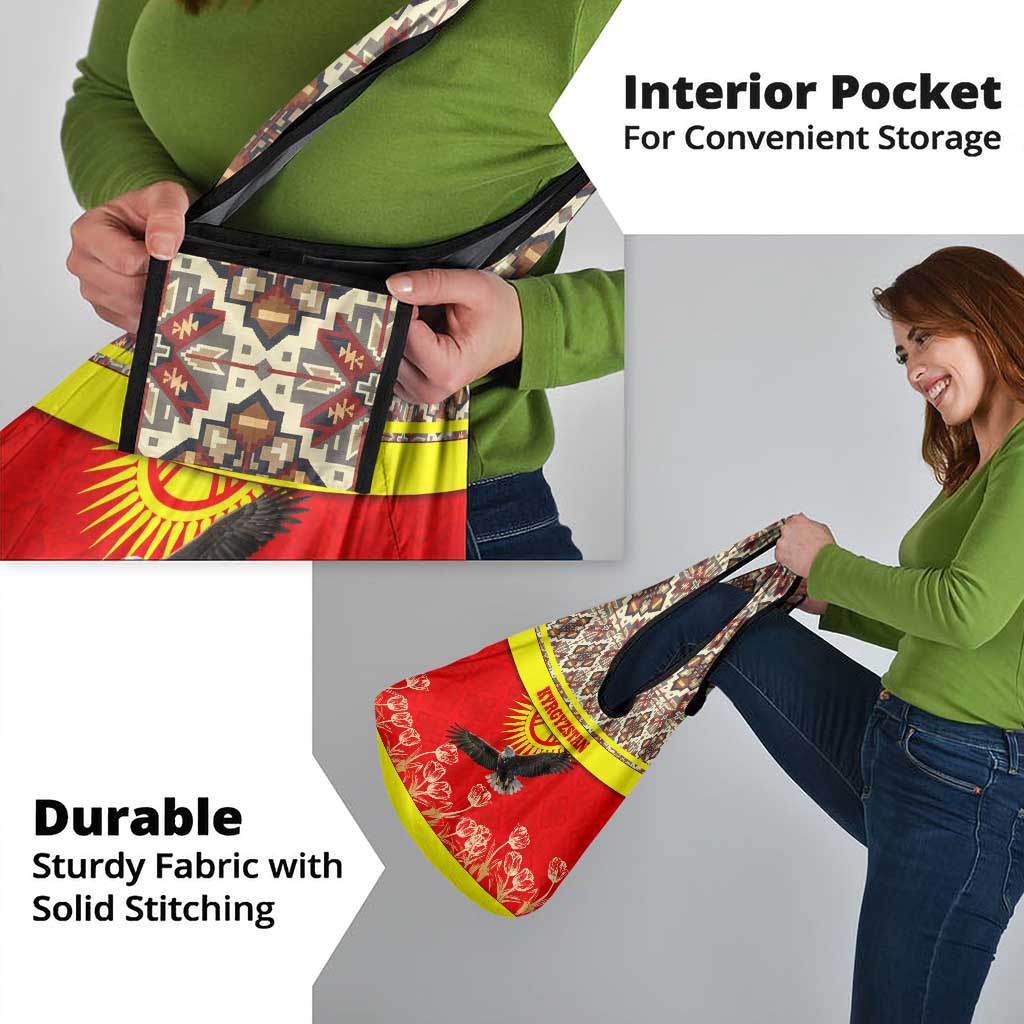 Kyrgyzstan Eagle and Tulip Grocery Bag with Red Ethnic Pattern with National Sun Emblem - Wonder Print Shop