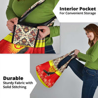 Kyrgyzstan Eagle and Tulip Grocery Bag with Red Ethnic Pattern with National Sun Emblem - Wonder Print Shop