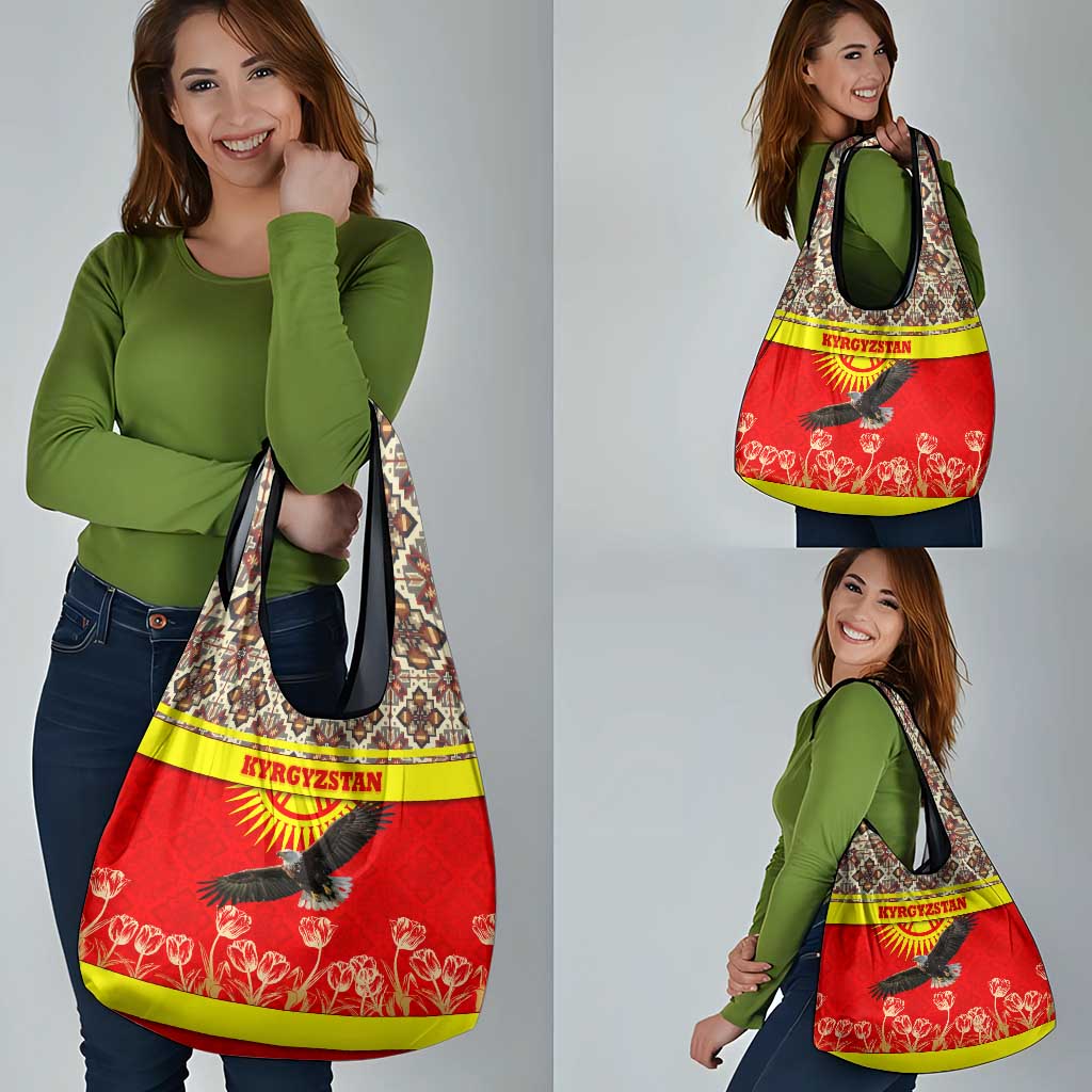 Kyrgyzstan Eagle and Tulip Grocery Bag with Red Ethnic Pattern with National Sun Emblem - Wonder Print Shop