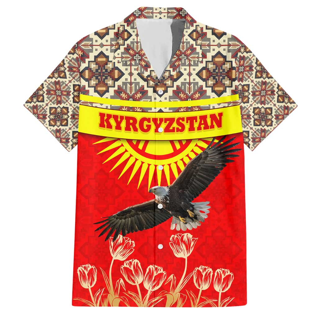 Kyrgyzstan Eagle and Tulip Hawaiian Shirt with Red Ethnic Pattern with National Sun Emblem - Wonder Print Shop
