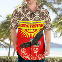 Kyrgyzstan Eagle and Tulip Hawaiian Shirt with Red Ethnic Pattern with National Sun Emblem - Wonder Print Shop