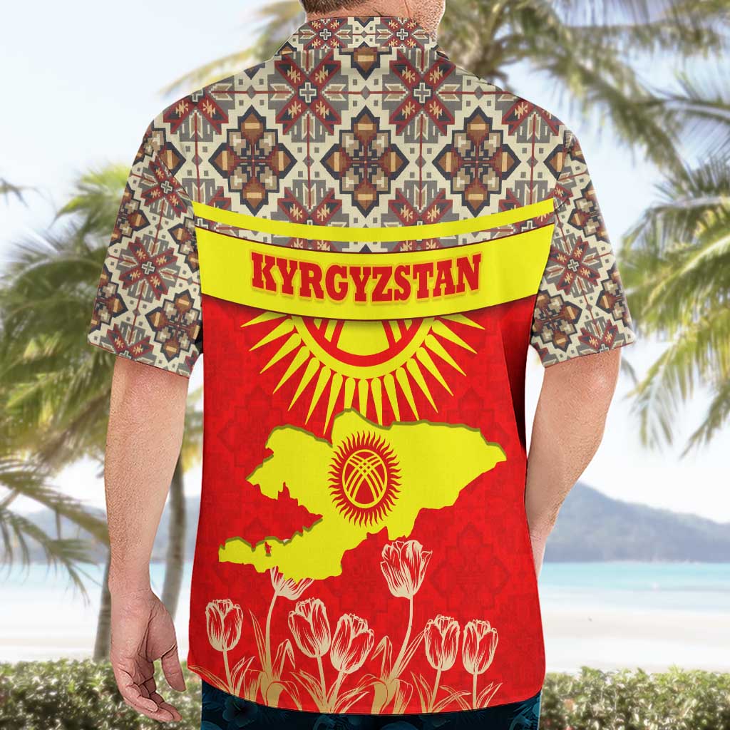Kyrgyzstan Eagle and Tulip Hawaiian Shirt with Red Ethnic Pattern with National Sun Emblem - Wonder Print Shop