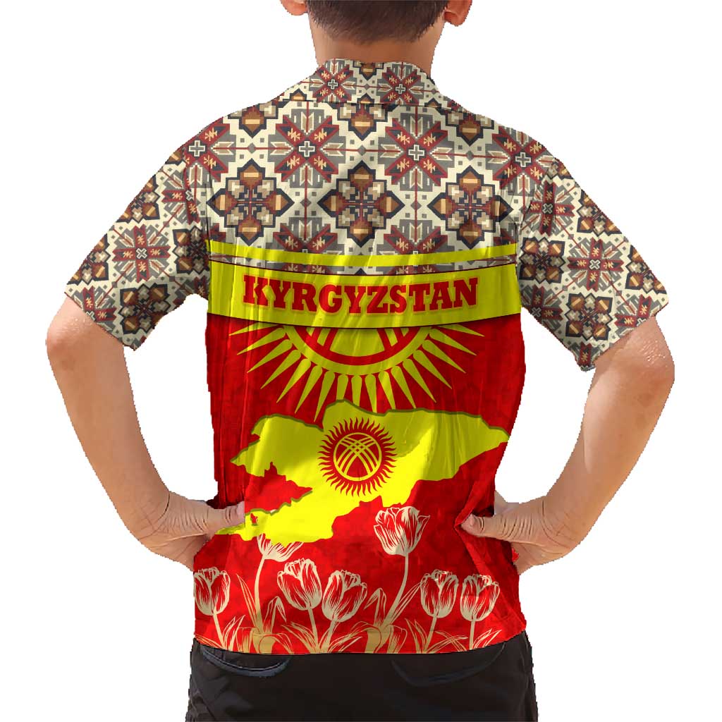 Kyrgyzstan Eagle and Tulip Hawaiian Shirt with Red Ethnic Pattern with National Sun Emblem - Wonder Print Shop