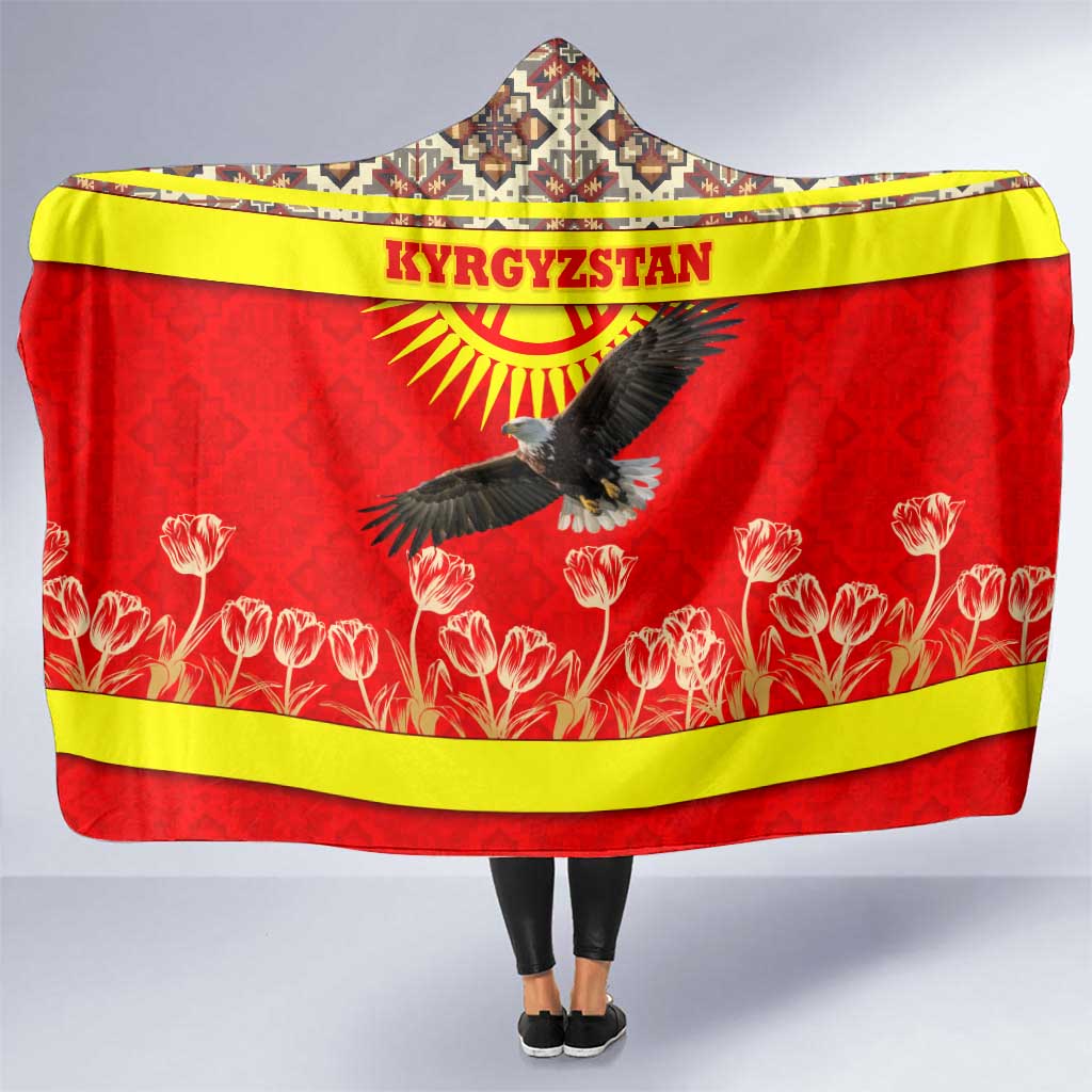 Kyrgyzstan Eagle and Tulip Hooded Blanket with Red Ethnic Pattern with National Sun Emblem - Wonder Print Shop