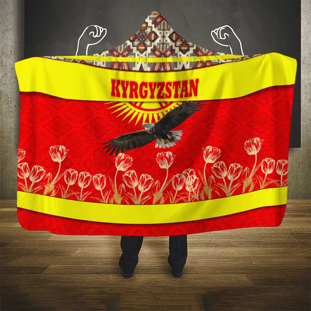 Kyrgyzstan Eagle and Tulip Hooded Blanket with Red Ethnic Pattern with National Sun Emblem - Wonder Print Shop