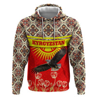Kyrgyzstan Eagle and Tulip Hoodie with Red Ethnic Pattern with National Sun Emblem - Wonder Print Shop