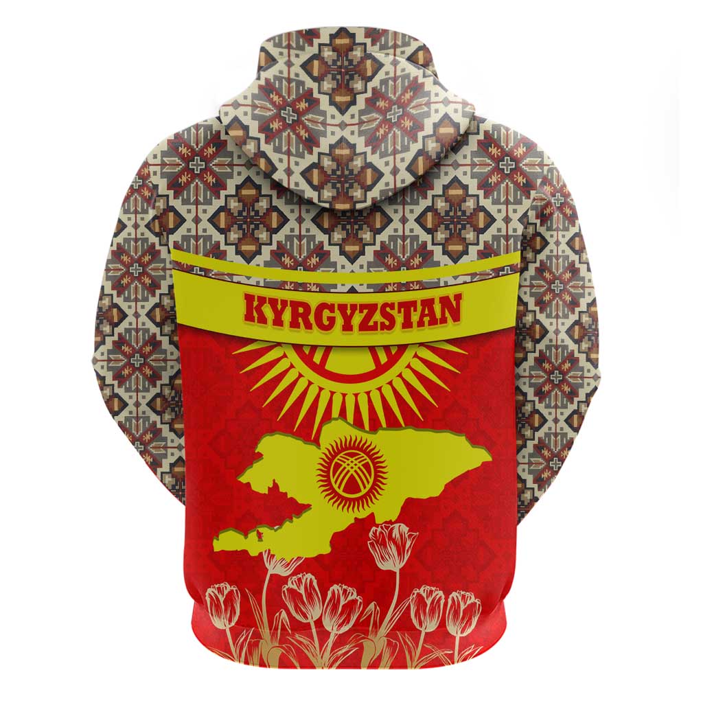 Kyrgyzstan Eagle and Tulip Hoodie with Red Ethnic Pattern with National Sun Emblem - Wonder Print Shop
