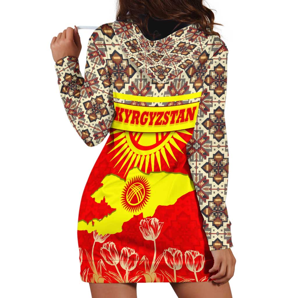 Kyrgyzstan Eagle and Tulip Hoodie Dress with Red Ethnic Pattern with National Sun Emblem - Wonder Print Shop