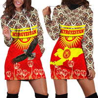 Kyrgyzstan Eagle and Tulip Hoodie Dress with Red Ethnic Pattern with National Sun Emblem - Wonder Print Shop
