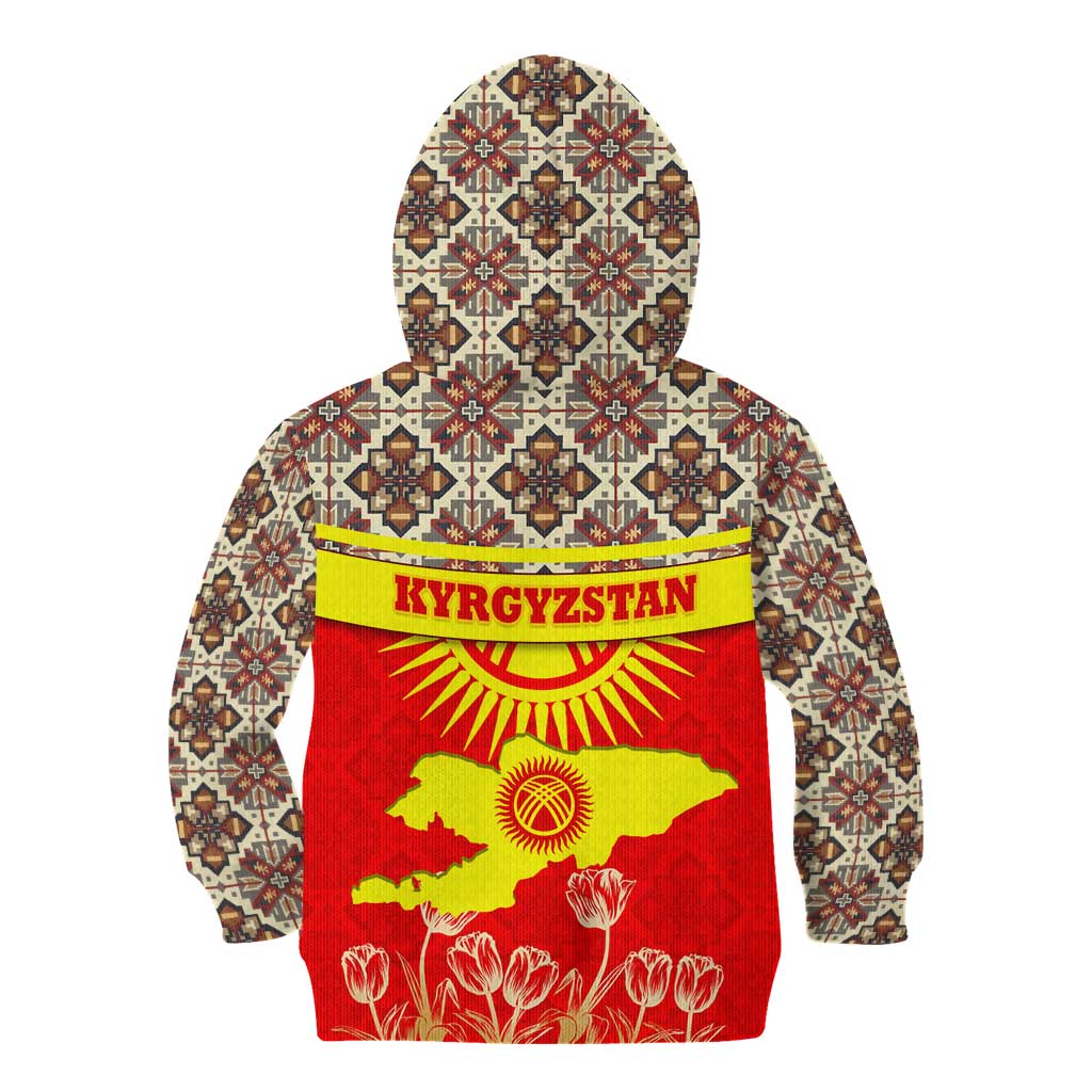Kyrgyzstan Eagle and Tulip Kid Hoodie with Red Ethnic Pattern with National Sun Emblem - Wonder Print Shop