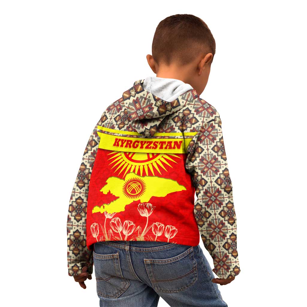 Kyrgyzstan Eagle and Tulip Kid Hoodie with Red Ethnic Pattern with National Sun Emblem - Wonder Print Shop