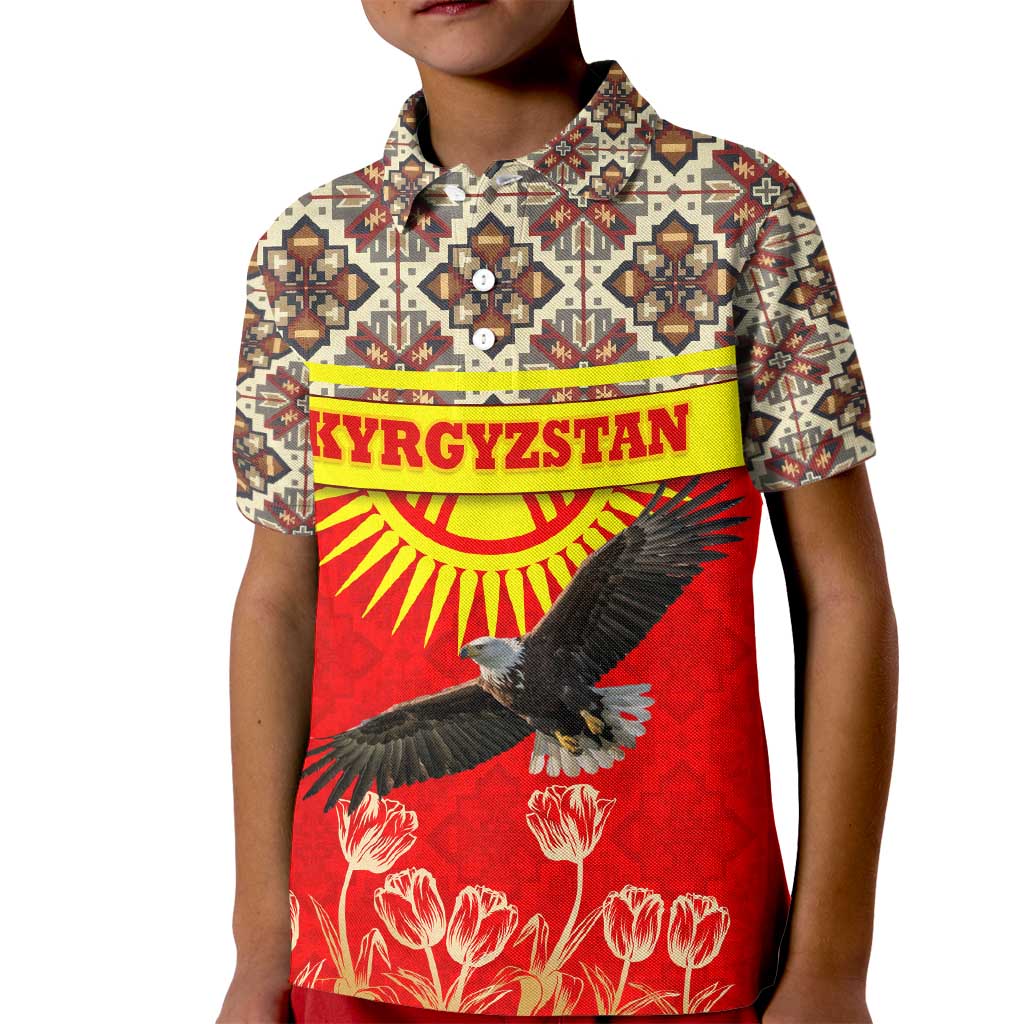 Kyrgyzstan Eagle and Tulip Kid Polo Shirt with Red Ethnic Pattern with National Sun Emblem - Wonder Print Shop