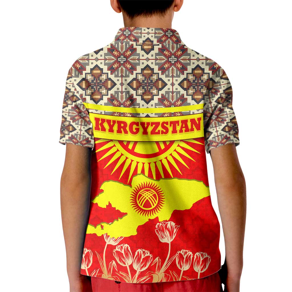 Kyrgyzstan Eagle and Tulip Kid Polo Shirt with Red Ethnic Pattern with National Sun Emblem - Wonder Print Shop