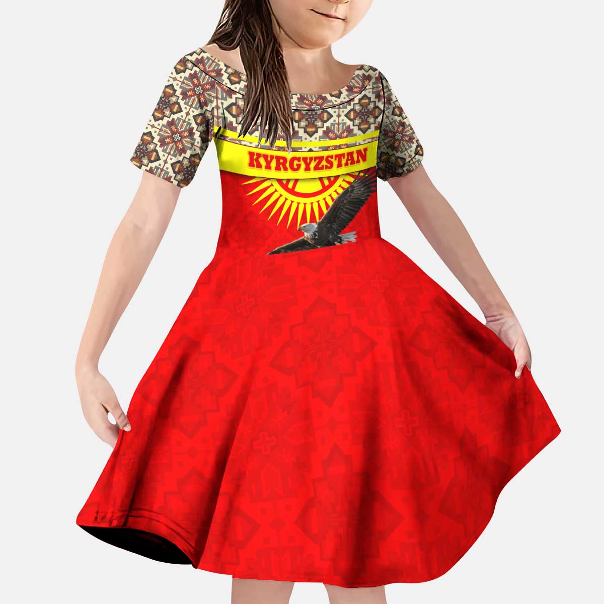 Kyrgyzstan Eagle and Tulip Kid Short Sleeve Dress with Red Ethnic Pattern with National Sun Emblem - Wonder Print Shop