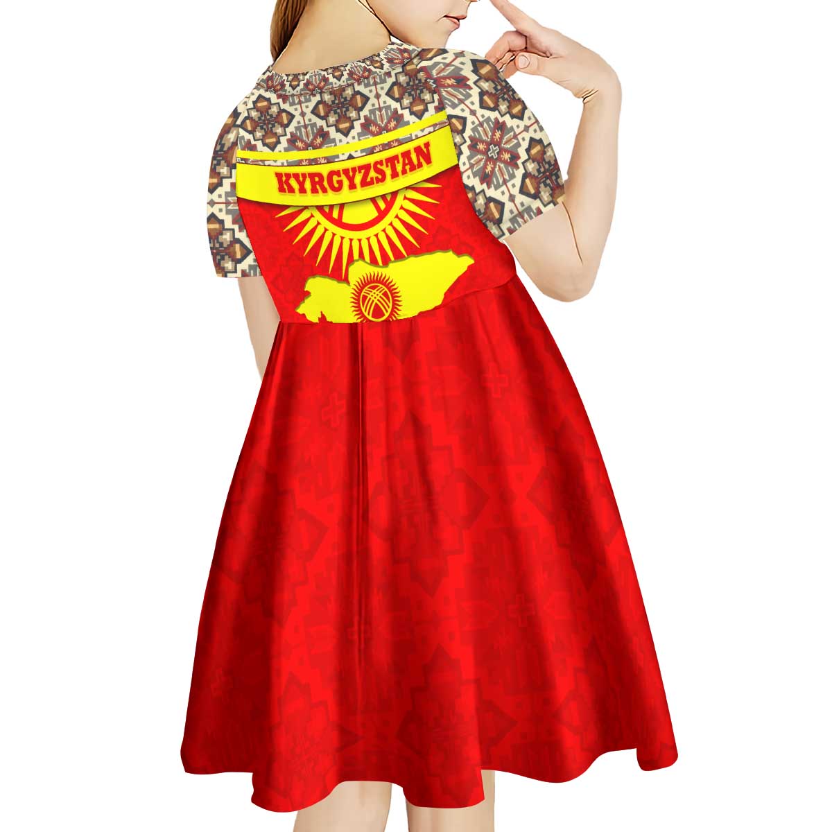 Kyrgyzstan Eagle and Tulip Kid Short Sleeve Dress with Red Ethnic Pattern with National Sun Emblem - Wonder Print Shop