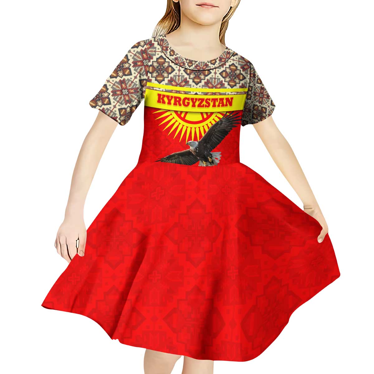 Kyrgyzstan Eagle and Tulip Kid Short Sleeve Dress with Red Ethnic Pattern with National Sun Emblem - Wonder Print Shop