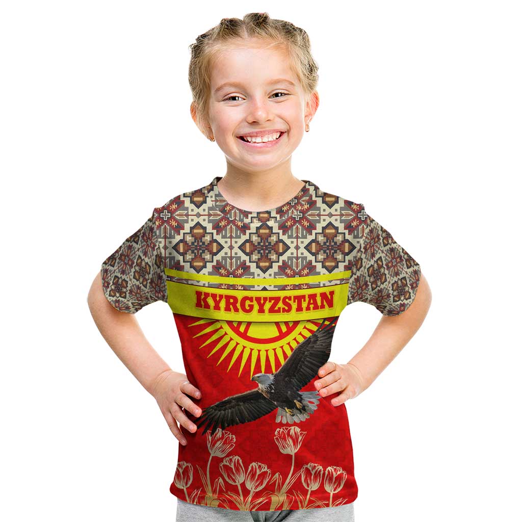 Kyrgyzstan Eagle and Tulip Kid T Shirt with Red Ethnic Pattern with National Sun Emblem - Wonder Print Shop