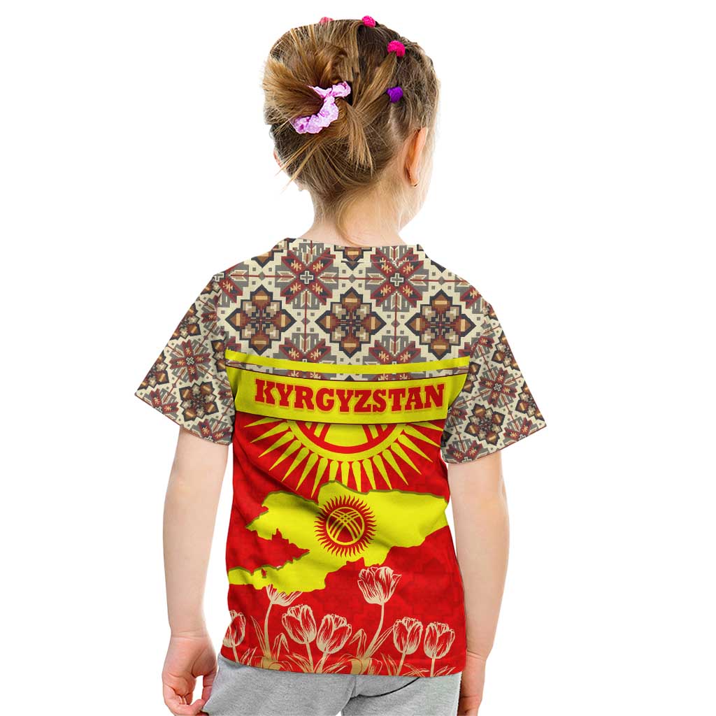 Kyrgyzstan Eagle and Tulip Kid T Shirt with Red Ethnic Pattern with National Sun Emblem - Wonder Print Shop