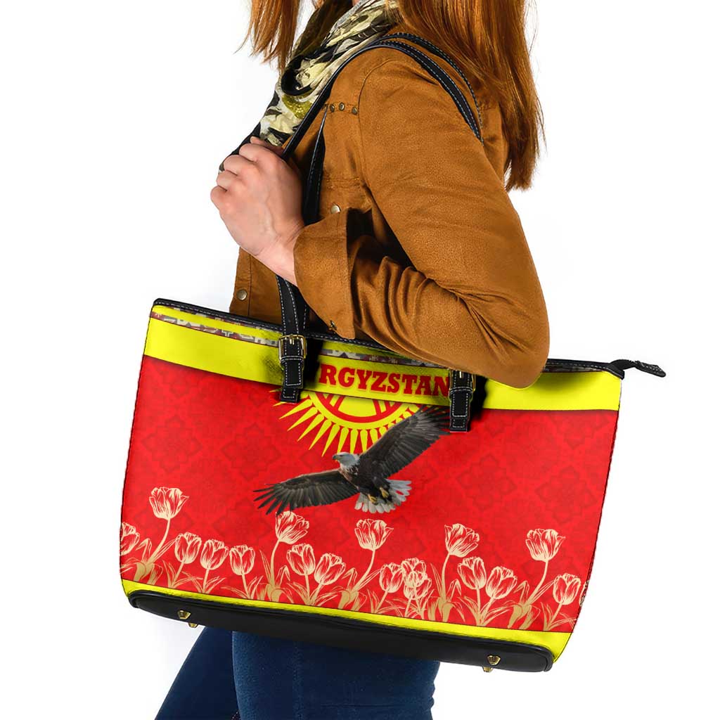 Kyrgyzstan Eagle and Tulip Leather Tote Bag with Red Ethnic Pattern with National Sun Emblem - Wonder Print Shop
