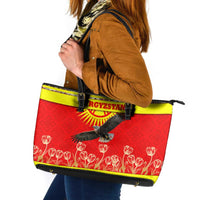 Kyrgyzstan Eagle and Tulip Leather Tote Bag with Red Ethnic Pattern with National Sun Emblem - Wonder Print Shop