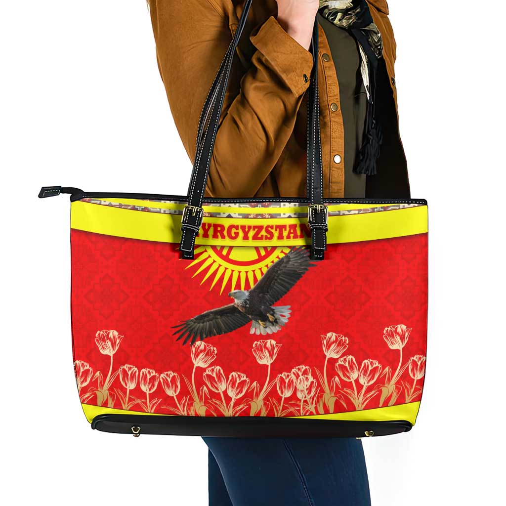 Kyrgyzstan Eagle and Tulip Leather Tote Bag with Red Ethnic Pattern with National Sun Emblem - Wonder Print Shop