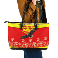 Kyrgyzstan Eagle and Tulip Leather Tote Bag with Red Ethnic Pattern with National Sun Emblem - Wonder Print Shop
