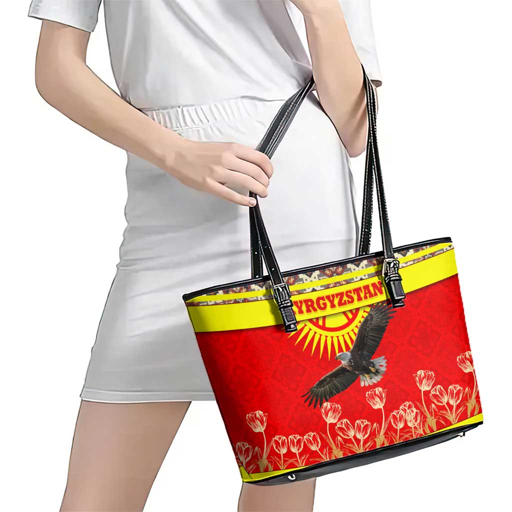 Kyrgyzstan Eagle and Tulip Leather Tote Bag with Red Ethnic Pattern with National Sun Emblem - Wonder Print Shop