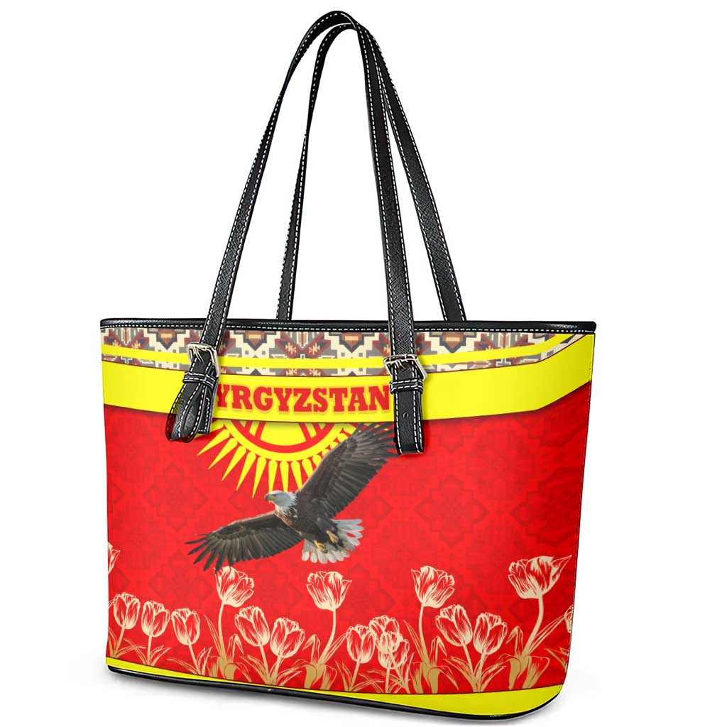 Kyrgyzstan Eagle and Tulip Leather Tote Bag with Red Ethnic Pattern with National Sun Emblem - Wonder Print Shop