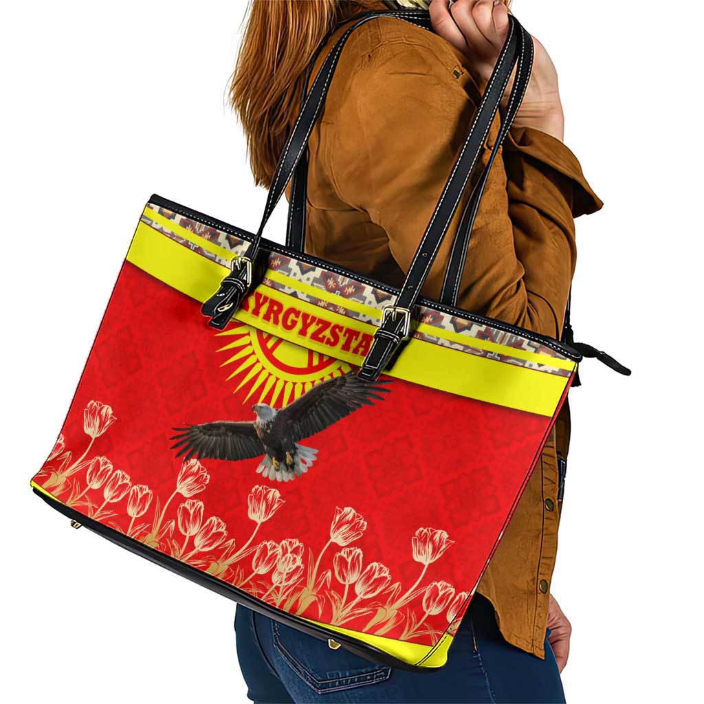 Kyrgyzstan Eagle and Tulip Leather Tote Bag with Red Ethnic Pattern with National Sun Emblem - Wonder Print Shop