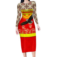 Kyrgyzstan Eagle and Tulip Long Sleeve Bodycon Dress with Red Ethnic Pattern with National Sun Emblem - Wonder Print Shop