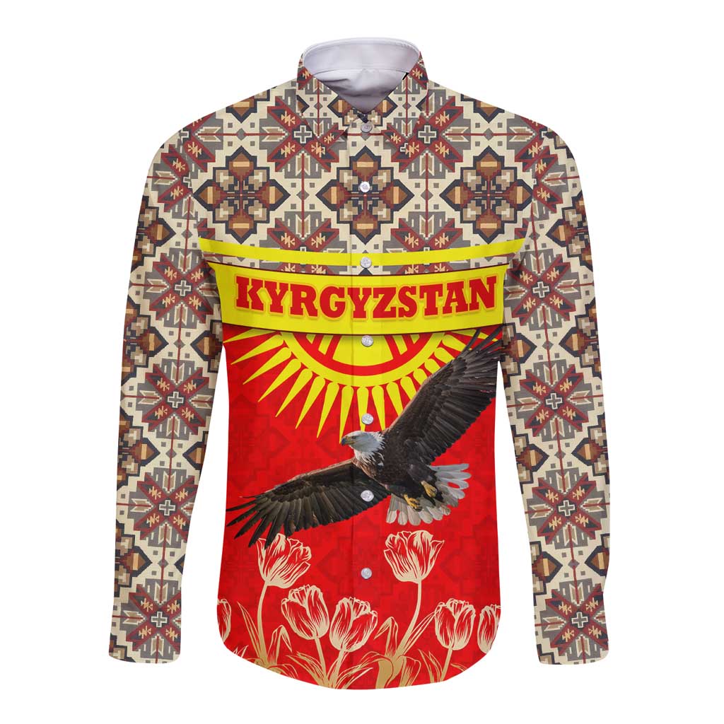 Kyrgyzstan Eagle and Tulip Long Sleeve Button Shirt with Red Ethnic Pattern with National Sun Emblem - Wonder Print Shop