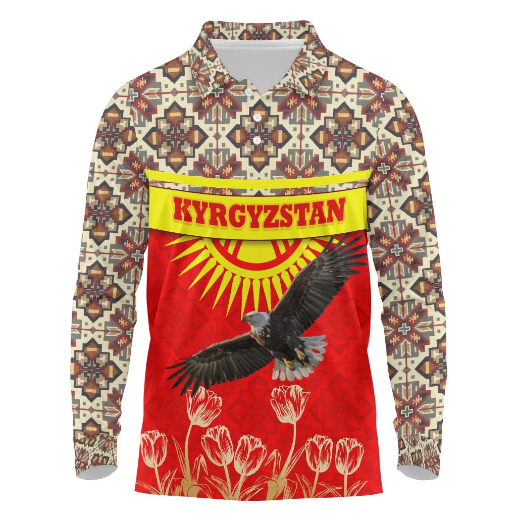 Kyrgyzstan Eagle and Tulip Long Sleeve Polo Shirt with Red Ethnic Pattern with National Sun Emblem - Wonder Print Shop