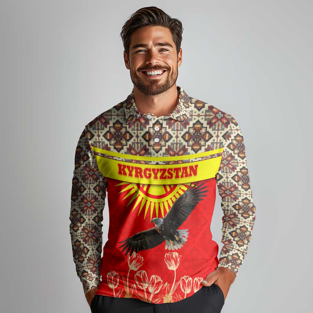 Kyrgyzstan Eagle and Tulip Long Sleeve Polo Shirt with Red Ethnic Pattern with National Sun Emblem - Wonder Print Shop