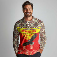 Kyrgyzstan Eagle and Tulip Long Sleeve Polo Shirt with Red Ethnic Pattern with National Sun Emblem - Wonder Print Shop
