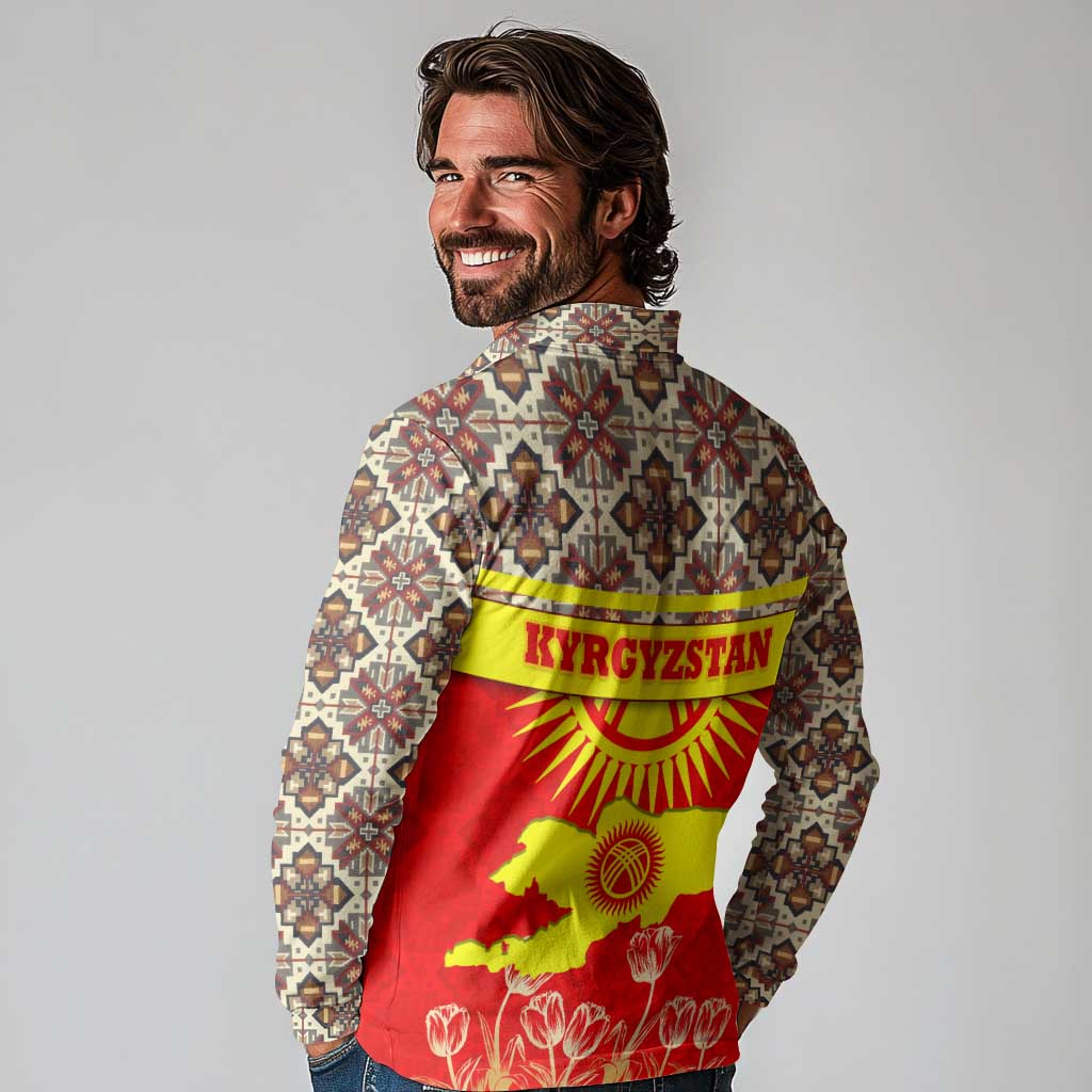Kyrgyzstan Eagle and Tulip Long Sleeve Polo Shirt with Red Ethnic Pattern with National Sun Emblem - Wonder Print Shop